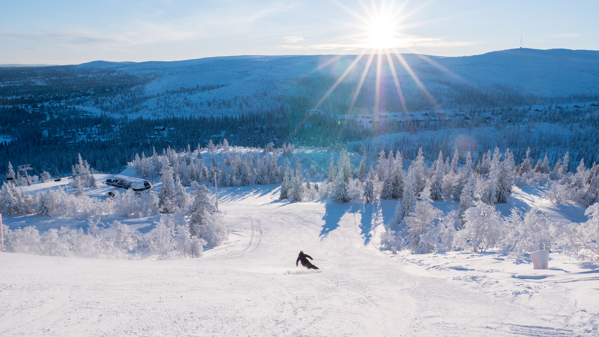 Vemdalsskalet ski resort in Härjedalen, Sweden - panoramic view of ski slopes and mountain facilities