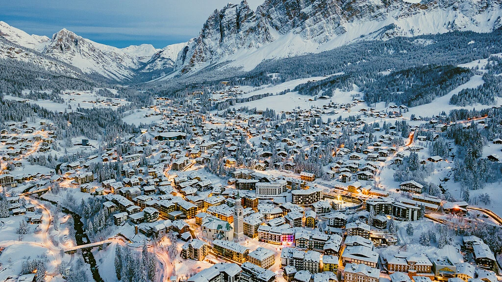 Cortina d'Ampezzo ski resort in Veneto, Italy - panoramic view of ski slopes and mountain facilities