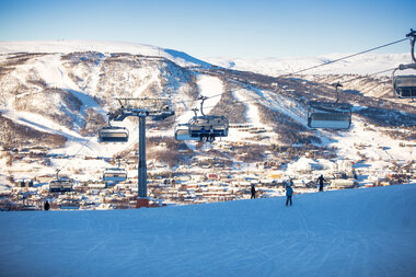 Geilo ski resort in Buskerud, Norway - panoramic view of ski slopes and mountain facilities