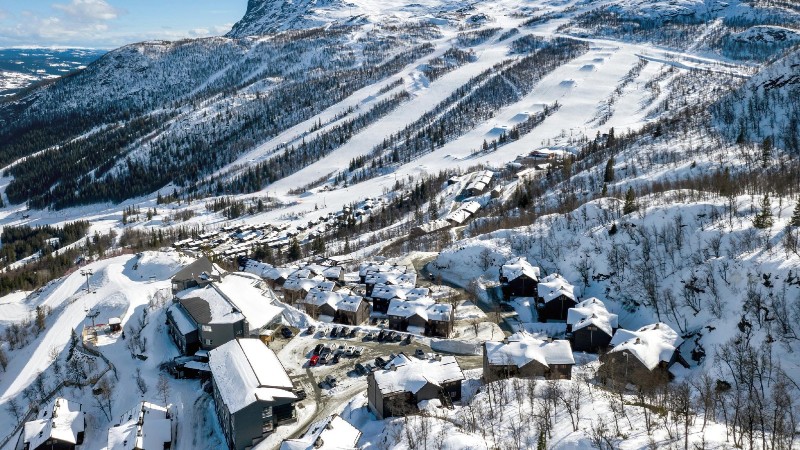 Hemsedal ski resort in Buskerud, Norway - panoramic view of ski slopes and mountain facilities