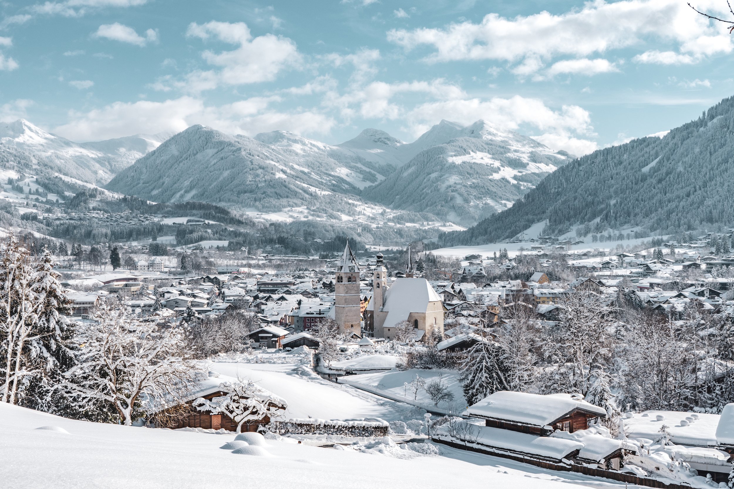 Kitzbühel ski resort in Tirol, Austria - panoramic view of ski slopes and mountain facilities