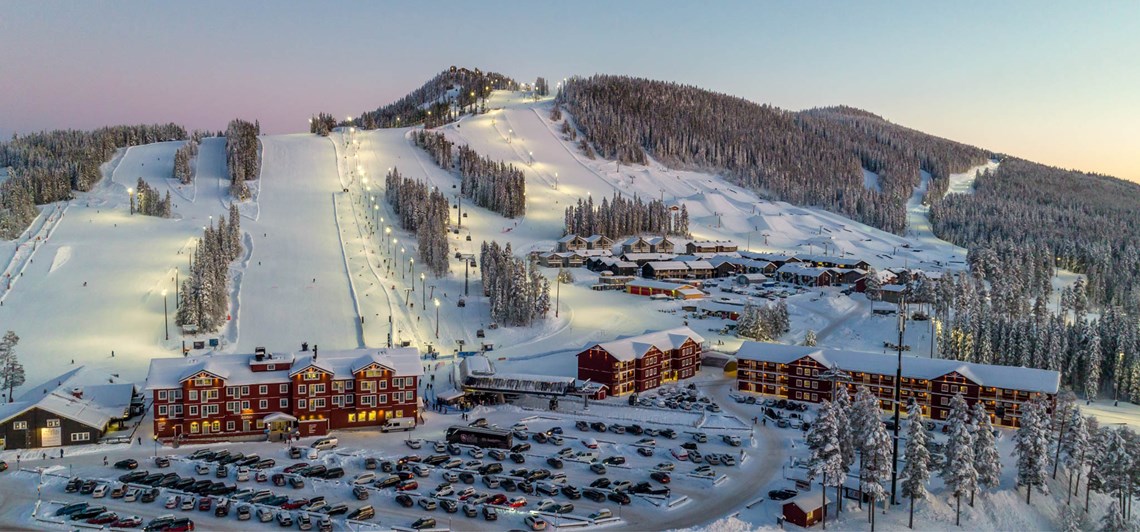 Kläppen ski resort in Dalarna, Sweden - panoramic view of ski slopes and mountain facilities