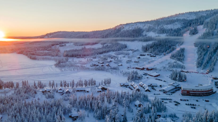 Klövsjö ski resort in Jämtland, Sweden - panoramic view of ski slopes and mountain facilities