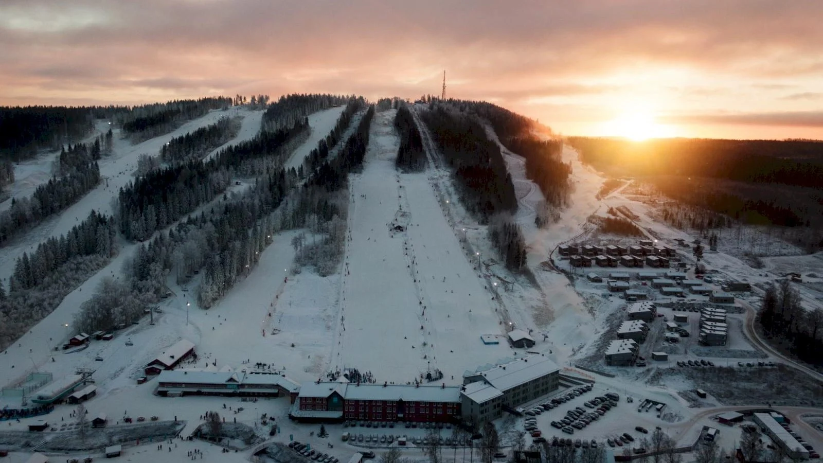 Kungsberget ski resort in Gävleborg, Sweden - panoramic view of ski slopes and mountain facilities