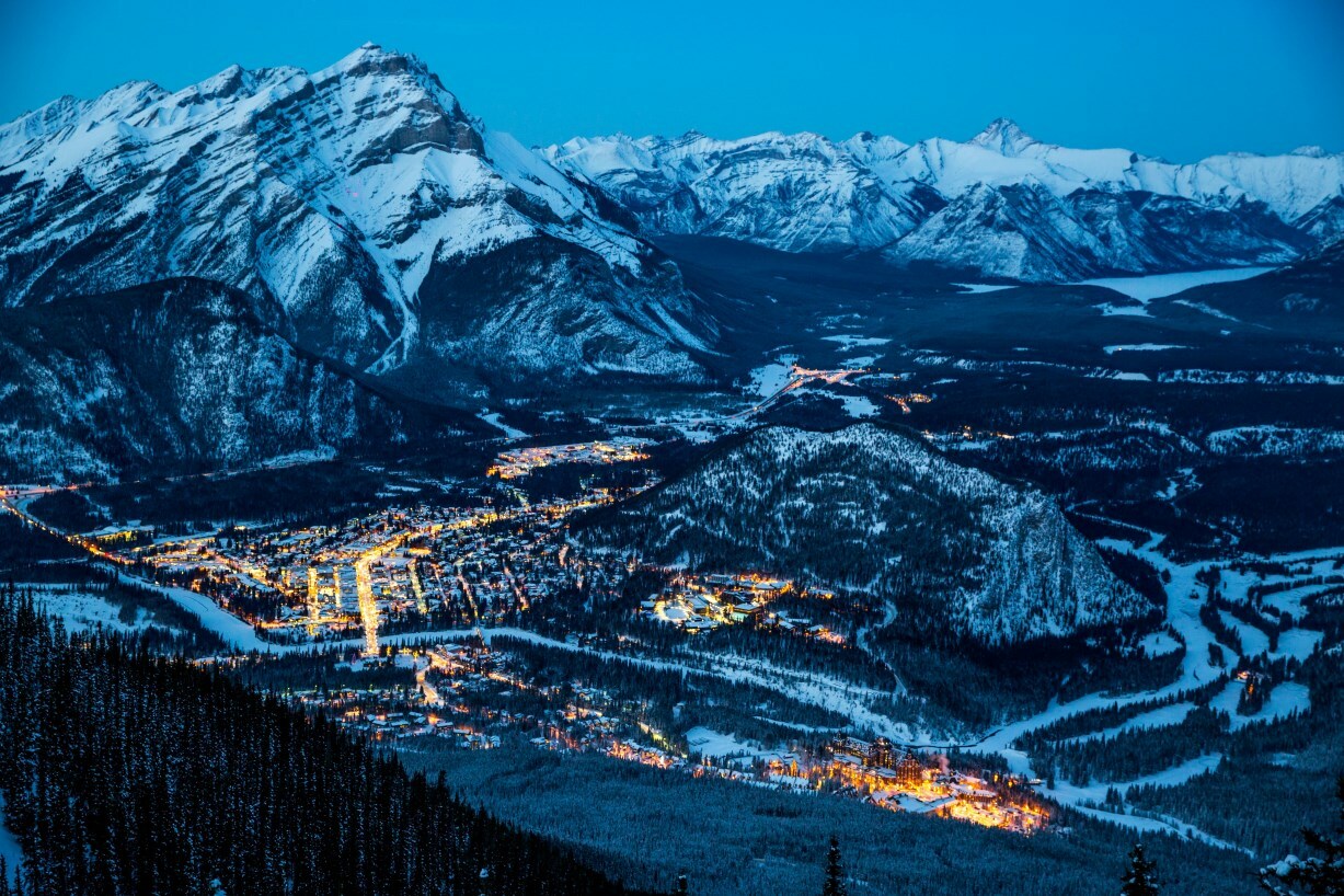 Lake Louise ski resort in Alberta, Canada - panoramic view of ski slopes and mountain facilities