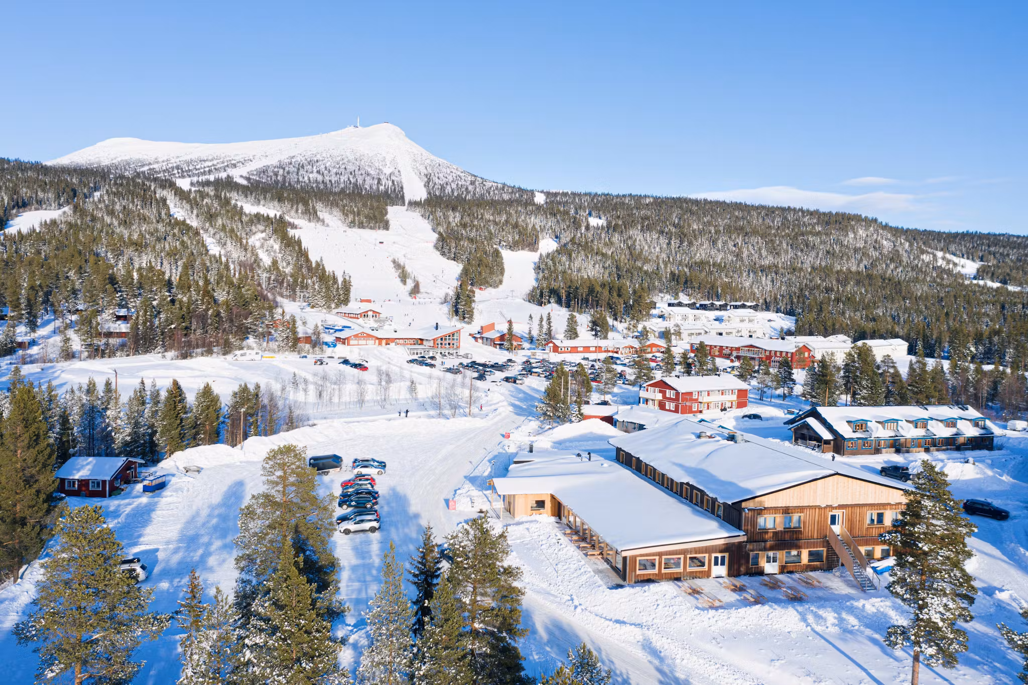 Lofsdalen ski resort in Härjedalen, Sweden - panoramic view of ski slopes and mountain facilities