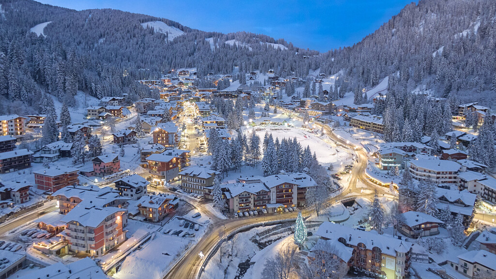 Madonna di Campiglio ski resort in Trentino, Italy - panoramic view of ski slopes and mountain facilities