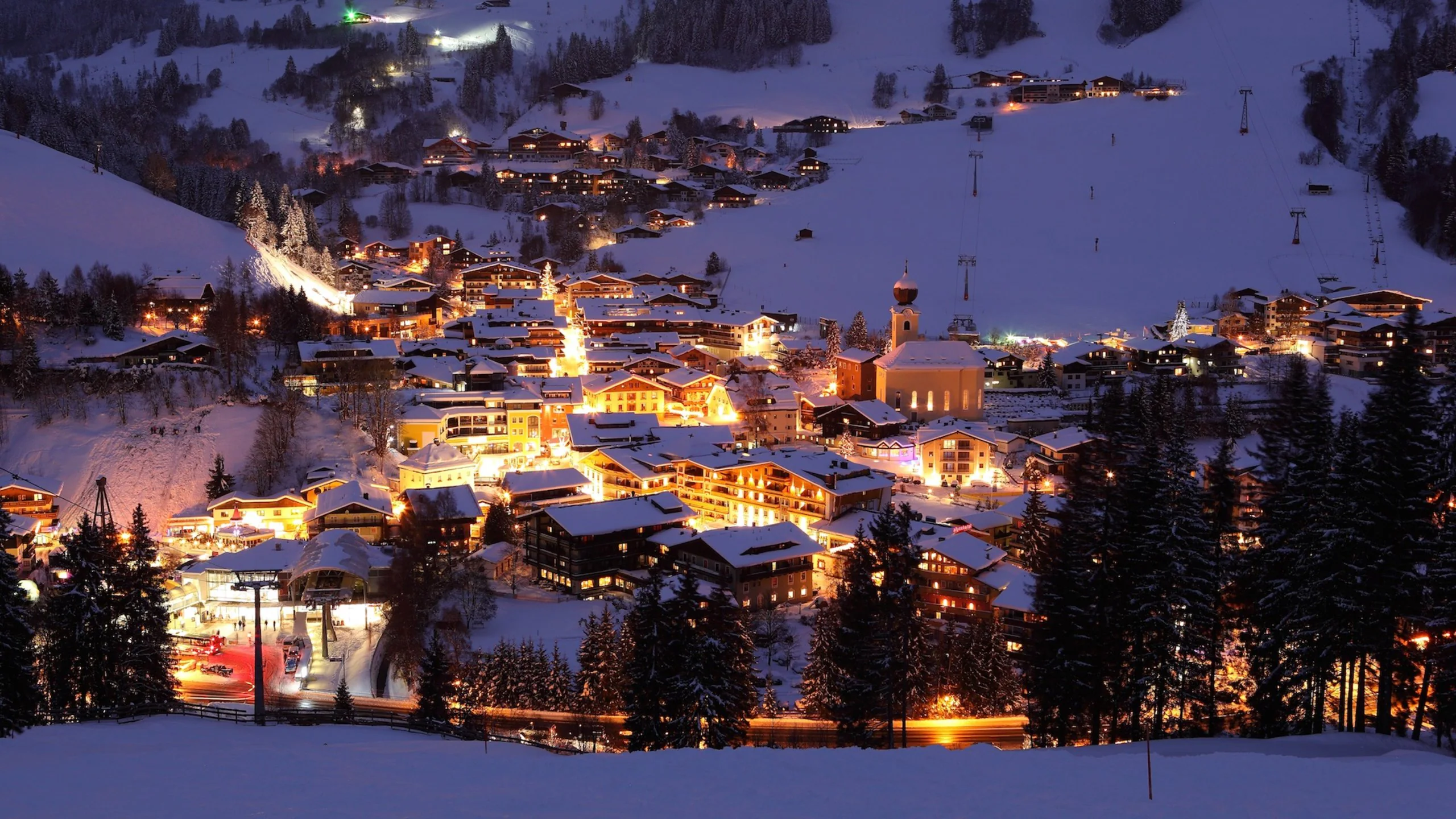Saalbach ski resort in Salzburg, Austria - panoramic view of ski slopes and mountain facilities