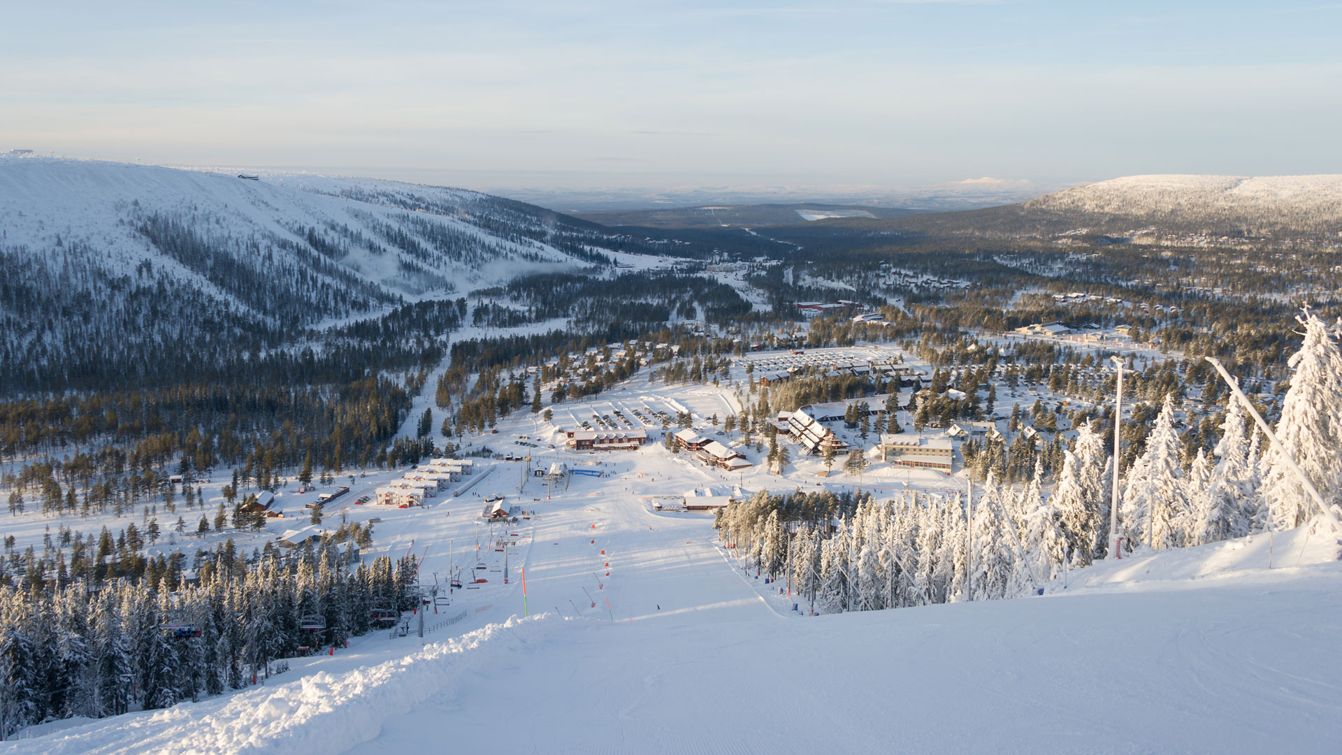 Sälen ski resort in Dalarna, Sweden - panoramic view of ski slopes and mountain facilities