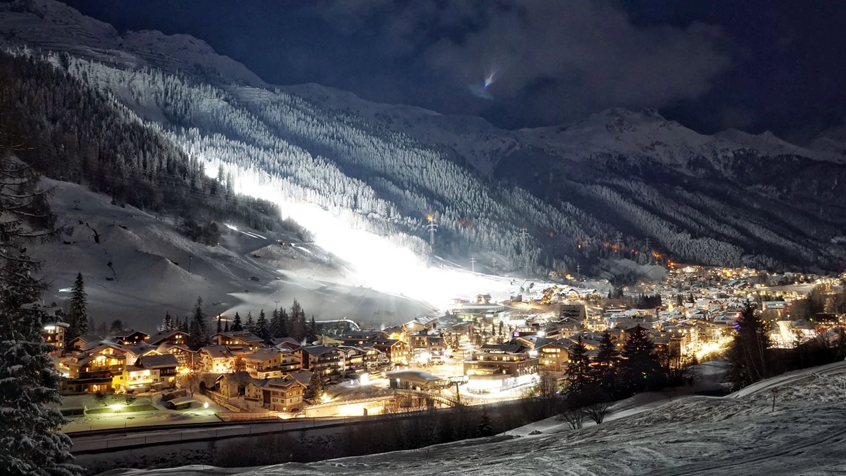 St. Anton am Arlberg ski resort in Tirol, Austria - panoramic view of ski slopes and mountain facilities