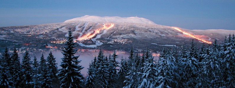 Trysil ski resort in Hedmark, Norway - panoramic view of ski slopes and mountain facilities