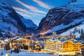 Val d'Isère ski resort in Savoie, France - panoramic view of ski slopes and mountain facilities
