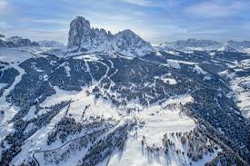 Val Gardena ski resort in Trentino, Italy - panoramic view of ski slopes and mountain facilities