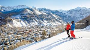 Telluride ski resort in Colorado, USA - panoramic view of ski slopes and mountain facilities