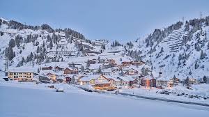 Ski Arlberg ski resort in Tyrol, Austria - panoramic view of ski slopes and mountain facilities