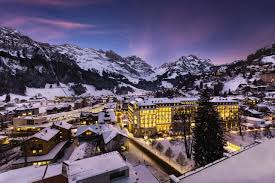 Engelberg ski resort in Central Switzerland, Switzerland - panoramic view of ski slopes and mountain facilities