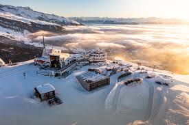 Laax ski resort in Graubünden, Switzerland - panoramic view of ski slopes and mountain facilities