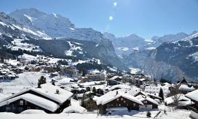 Wengen ski resort in Bernese Oberland, Switzerland - panoramic view of ski slopes and mountain facilities