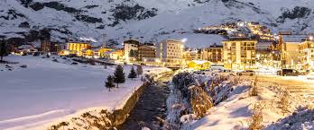 Cervinia ski resort in Valle d'Aosta, Italy - panoramic view of ski slopes and mountain facilities