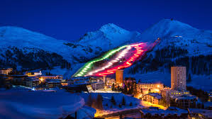 Sestriere ski resort in Piedmont, Italy - panoramic view of ski slopes and mountain facilities