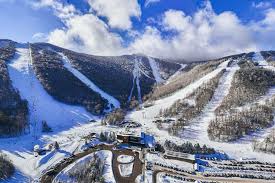 Killington ski resort in Vermont, USA - panoramic view of ski slopes and mountain facilities