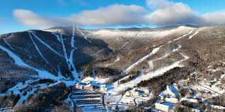 Sugarbush ski resort in Vermont, USA - panoramic view of ski slopes and mountain facilities