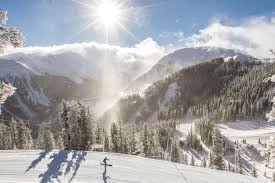 Taos Ski Valley ski resort in New Mexico, USA - panoramic view of ski slopes and mountain facilities