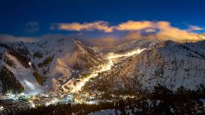 Palisades Tahoe ski resort in Olympic Valley, California, USA - panoramic view of ski slopes and mountain facilities