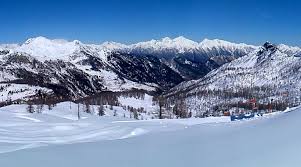 Champorcher ski resort in Aosta Valley, Italy - panoramic view of ski slopes and mountain facilities