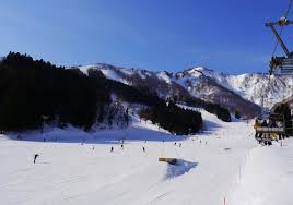 Kandatsu Kogen ski resort in Niigata, Japan - panoramic view of ski slopes and mountain facilities