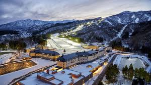 Myoko Kogen ski resort in Niigata, Japan - panoramic view of ski slopes and mountain facilities