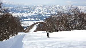 Nozawa Onsen ski resort in Nagano, Japan - panoramic view of ski slopes and mountain facilities