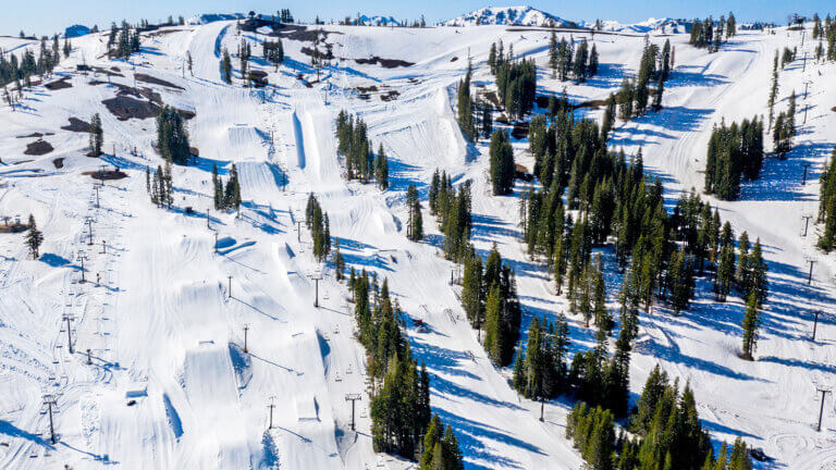 Boreal Mountain ski resort in Truckee, California, USA - panoramic view of ski slopes and mountain facilities