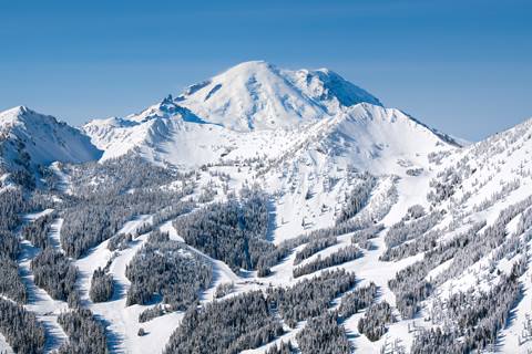 Crystal Mountain ski resort in Enumclaw, Washington, USA - panoramic view of ski slopes and mountain facilities
