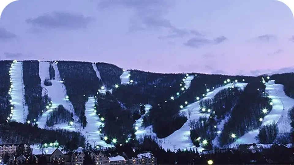 Jiminy Peak ski resort in Hancock, Massachusetts, USA - panoramic view of ski slopes and mountain facilities
