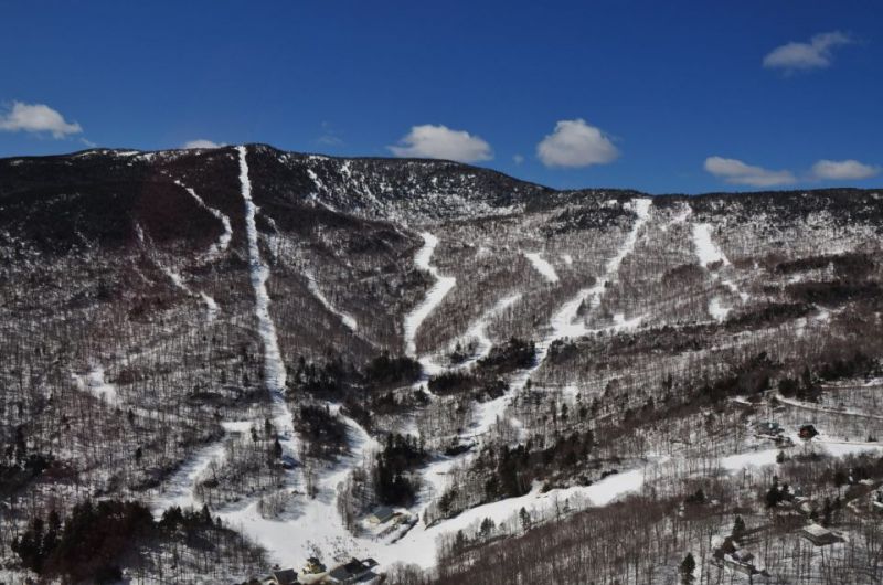 Mad River Glen ski resort in Waitsfield, Vermont, USA - panoramic view of ski slopes and mountain facilities