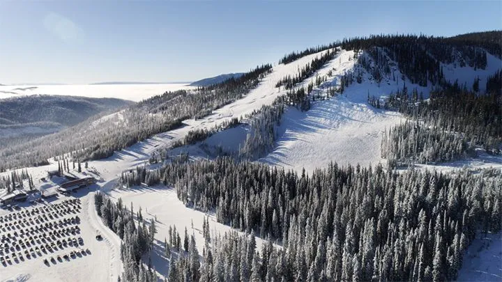 Lost Trail Powder Mountain ski resort in Sula, Montana, USA - panoramic view of ski slopes and mountain facilities