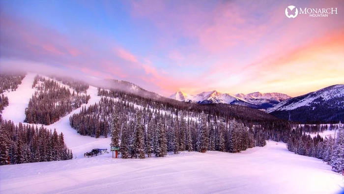 Monarch Mountain ski resort in Monarch, Colorado, USA - panoramic view of ski slopes and mountain facilities