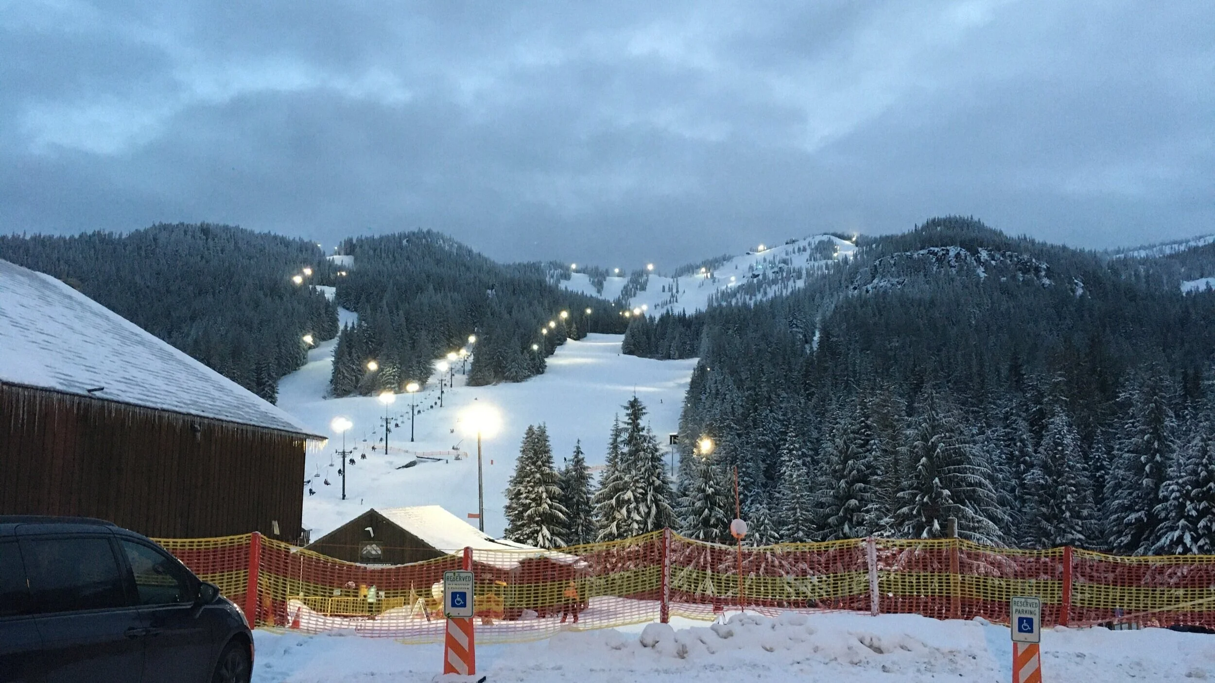 Mt. Hood Skibowl ski resort in Government Camp, Oregon, USA - panoramic view of ski slopes and mountain facilities