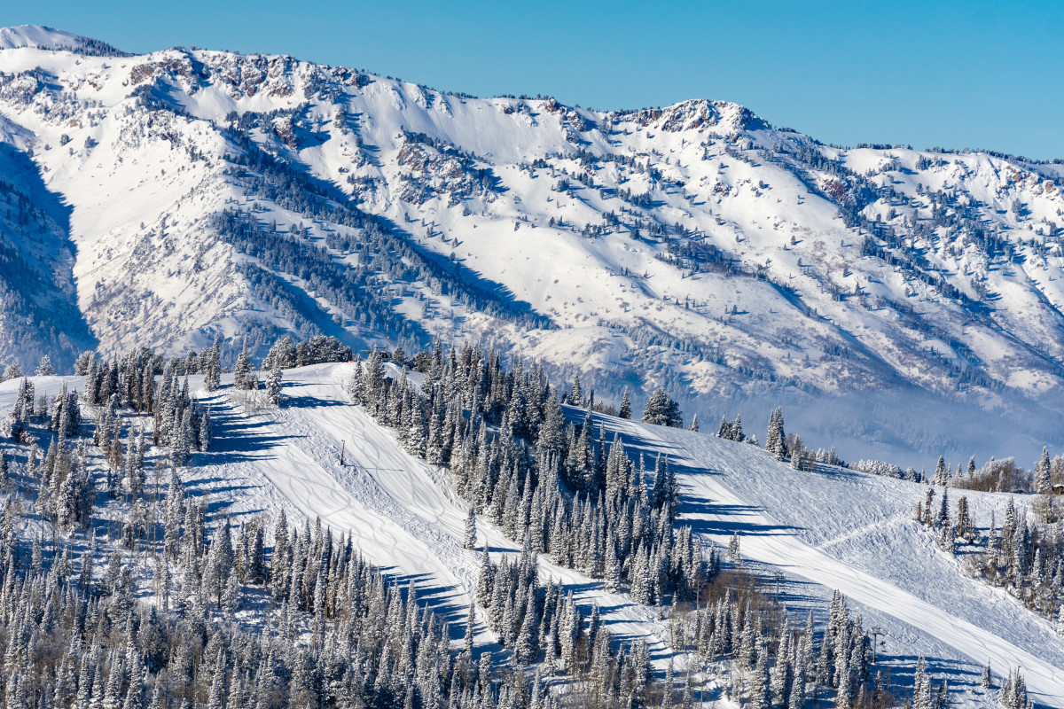 Powder Mountain ski resort in Eden, Utah, USA - panoramic view of ski slopes and mountain facilities