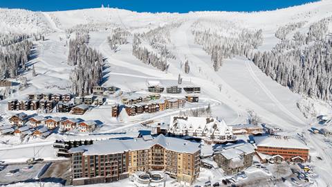 Schweitzer ski resort in Sandpoint, Idaho, USA - panoramic view of ski slopes and mountain facilities