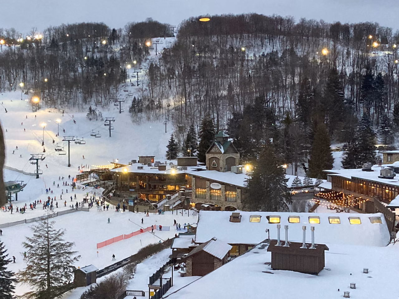 Seven Springs ski resort in Seven Springs, Pennsylvania, USA - panoramic view of ski slopes and mountain facilities