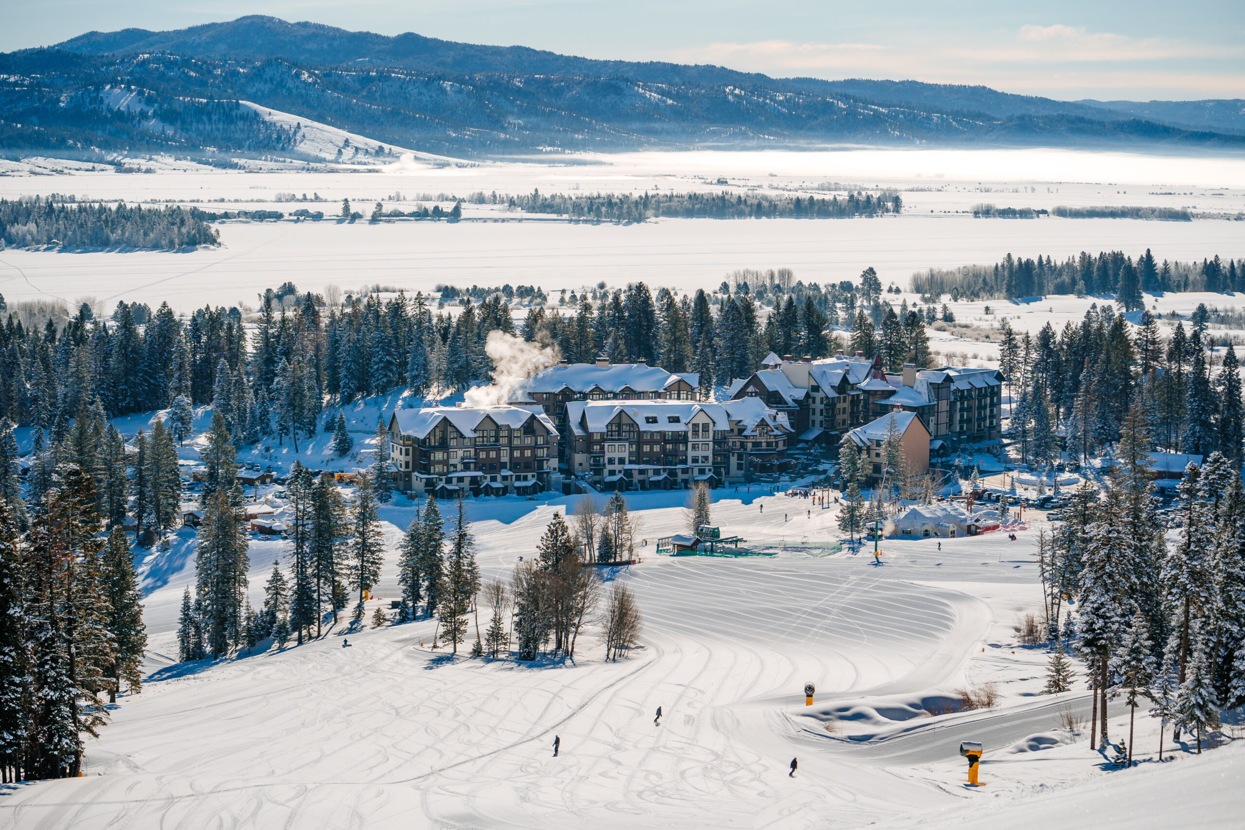Tamarack Resort ski resort in Donnelly, Idaho, USA - panoramic view of ski slopes and mountain facilities