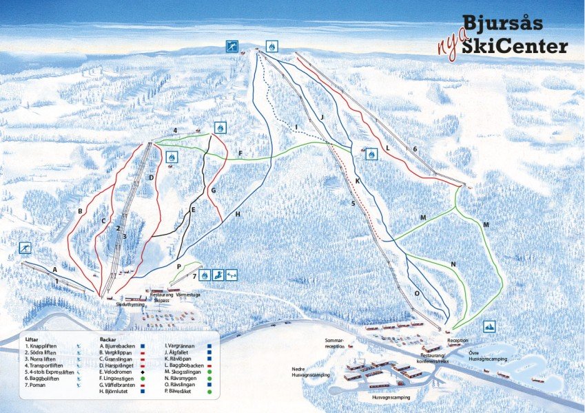 Bjursås ski resort in Dalarna, Sweden - panoramic view of ski slopes and mountain facilities