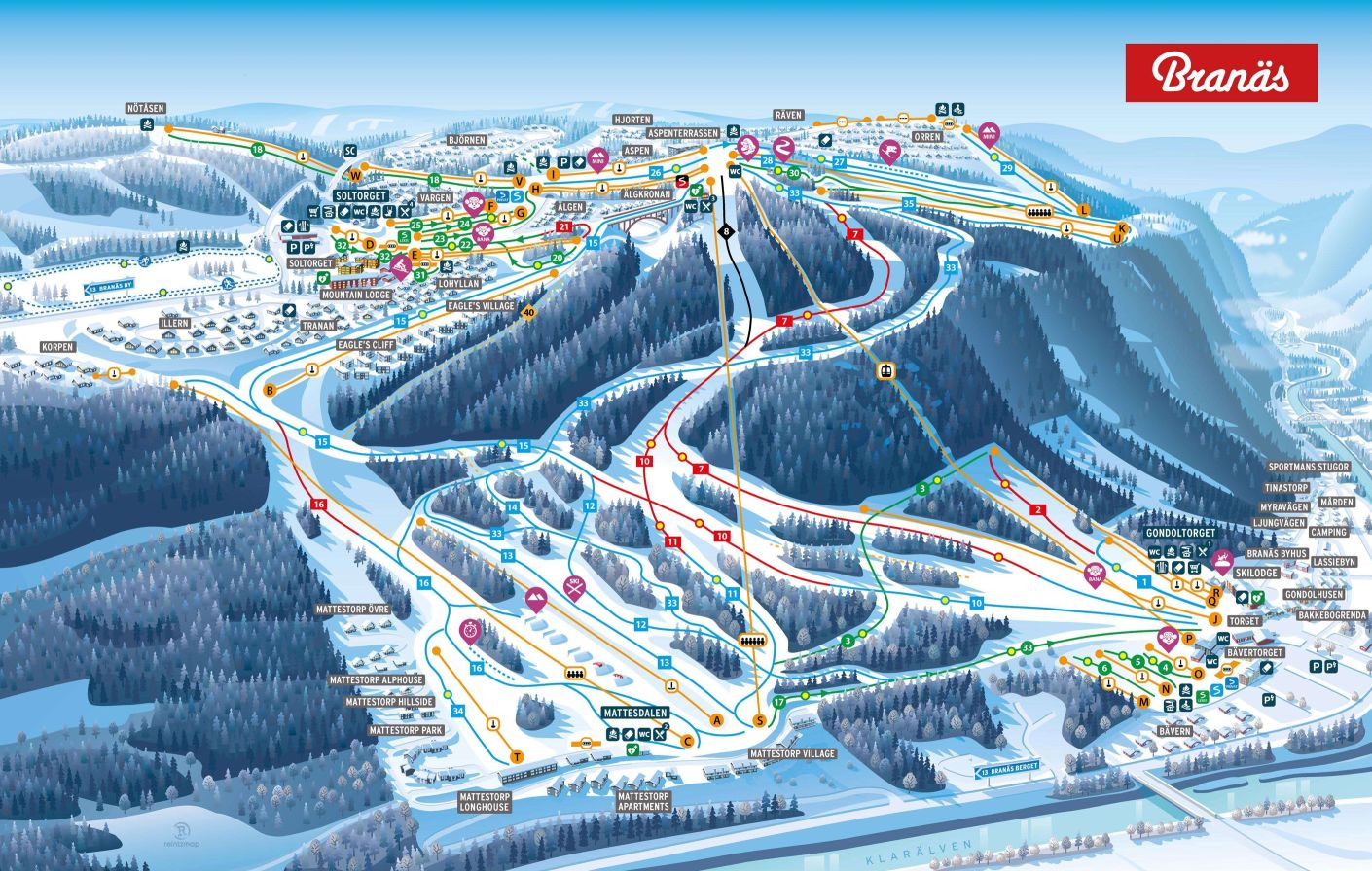Branäs ski resort in Värmland, Sweden - panoramic view of ski slopes and mountain facilities