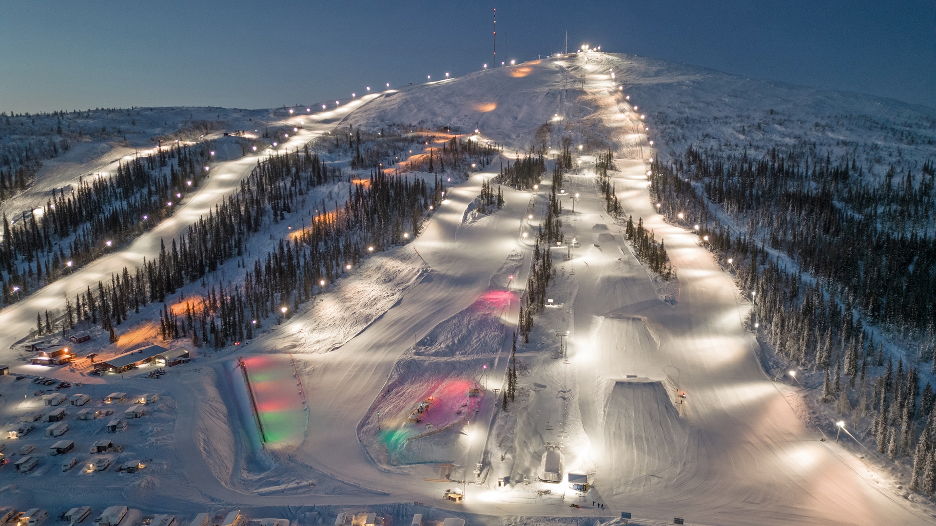 Dundret ski resort in Norrbotten, Sweden - panoramic view of ski slopes and mountain facilities