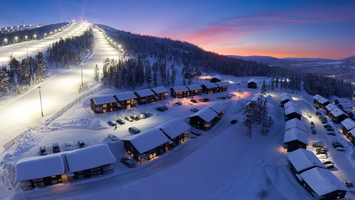 Stöten ski resort in Dalarna, Sweden - panoramic view of ski slopes and mountain facilities