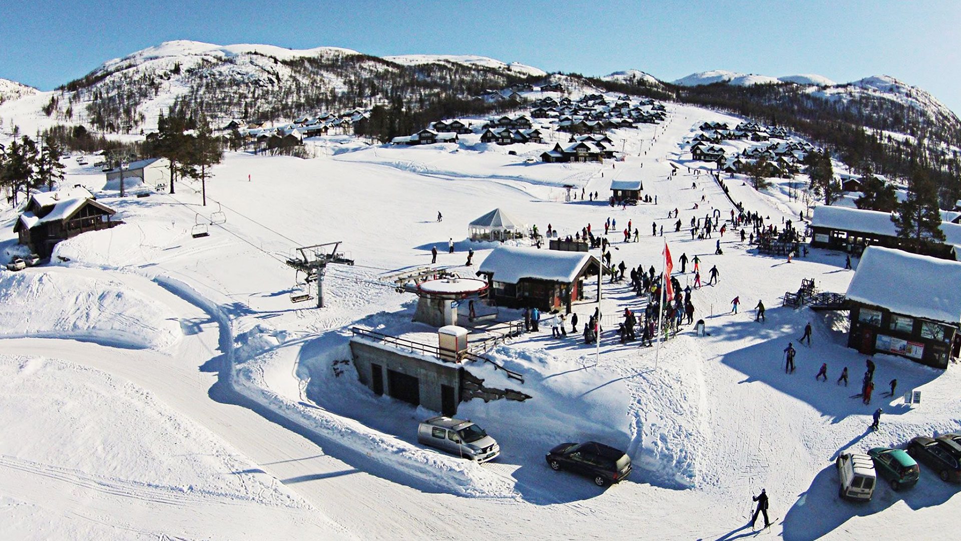 Rauland ski resort in Telemark, Norway - panoramic view of ski slopes and mountain facilities