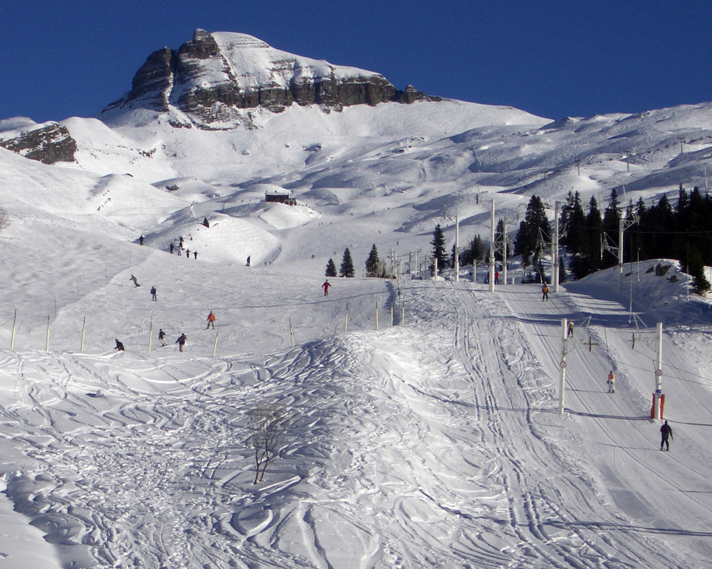 Flaine ski resort in Grand Massif, Haute-Savoie, France - panoramic view of ski slopes and mountain facilities