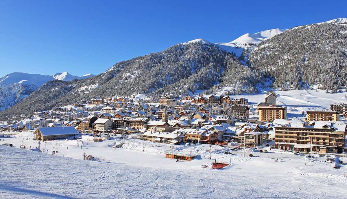 Montgenèvre ski resort in Hautes-Alpes, France - panoramic view of ski slopes and mountain facilities